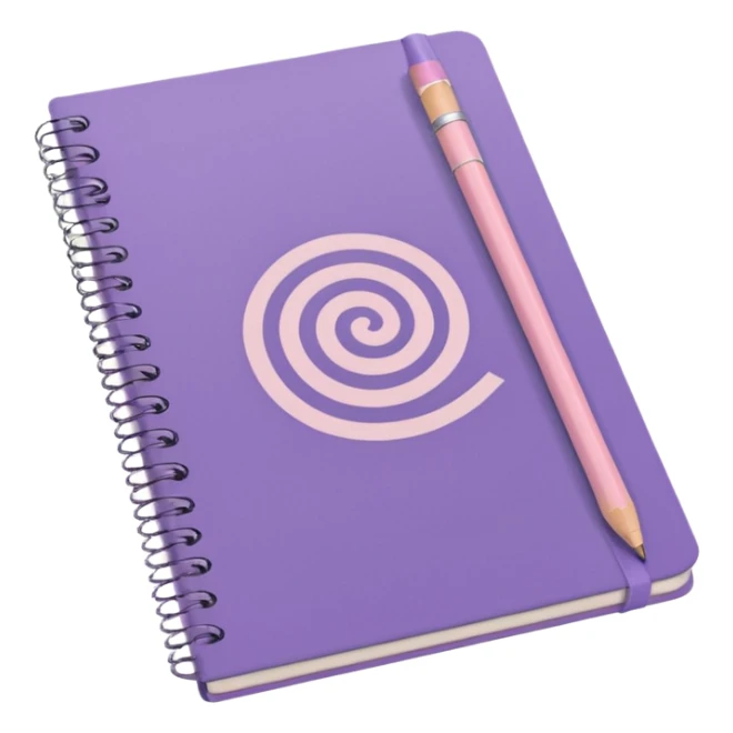 soft purple notebook with spiral binding, white text 'schedule' on the cover, soft pink pencil on it, iOS emoji style sticker