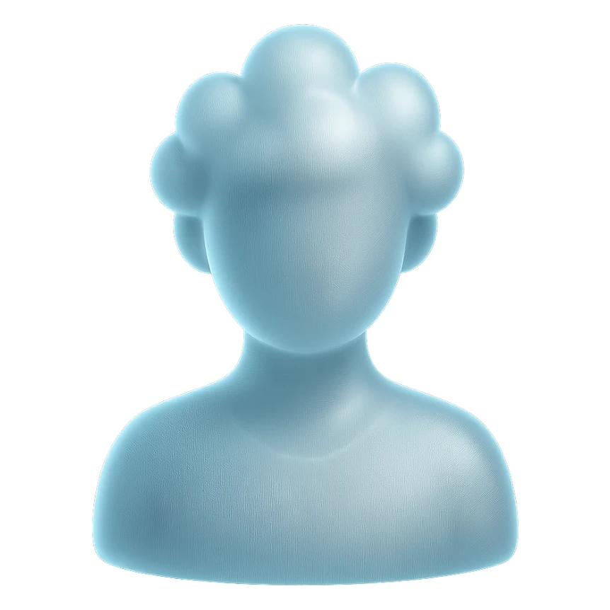 front view, person made of fluffy white clouds, shoulder up, matte glass style sticker