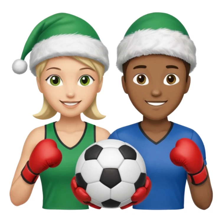 crie a imagem de 3 atletas, um homem no meio e duas mulheres, de modalidades esportivas diferentes, usando elementos esportivos, como por exemplo bola de futebol, luvas de luta e bola de vôlei... e usando um chápeu de papai noel das cores verde e azul. sticker