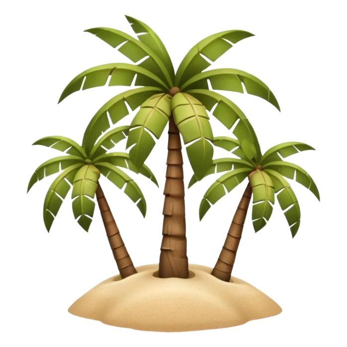 A 3D cartoon coconut palm tree with coconuts near the top and a sandy base, tropical light setting, Memoji-style realism. sticker