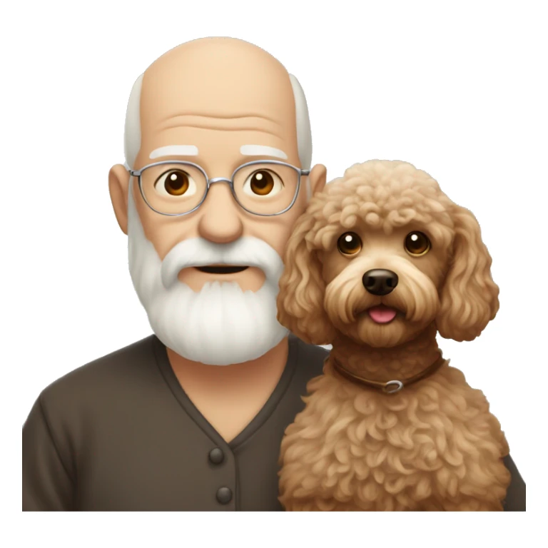 Old man with a white beard and nearly bald holding a brown miniature poodle sticker