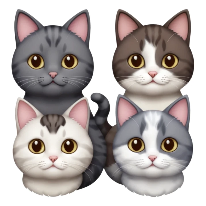 4 different coloured short haired cats including; a dark brown and white cat, and a dark grey and white  sticker