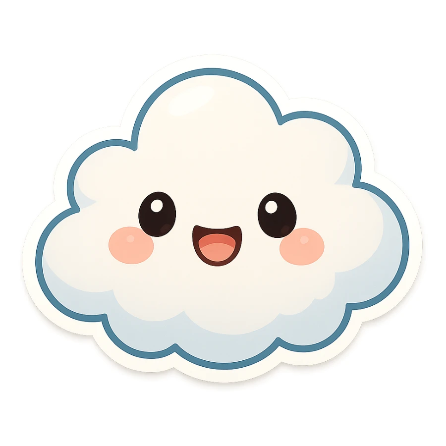 chibi sticker-style cloud with a smiling face, cute and exaggerated sticker