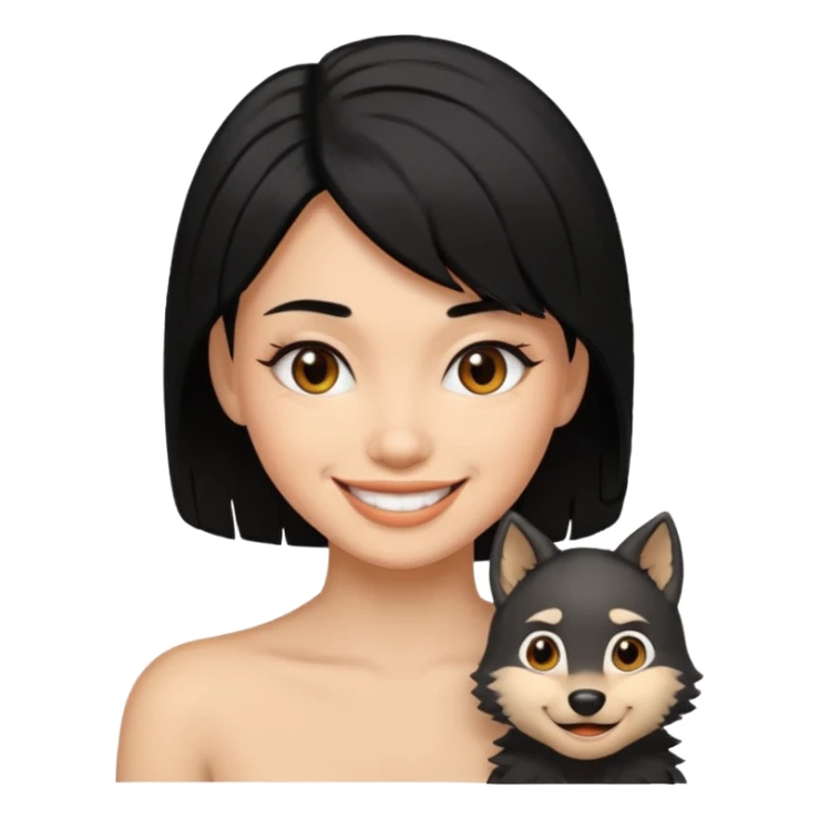 woman with black wolfcut hair, smiling sticker