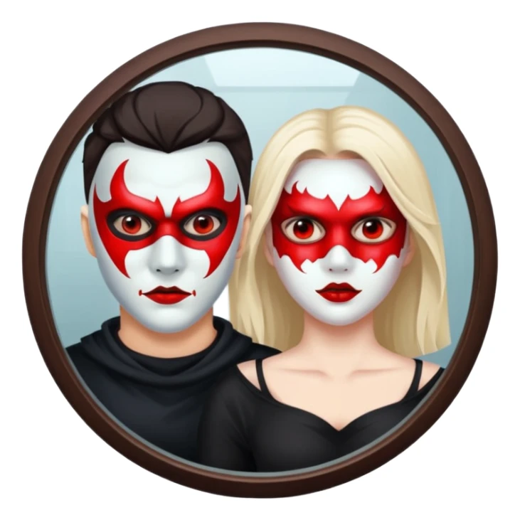 Man killer on mask in mirror behind woman sticker