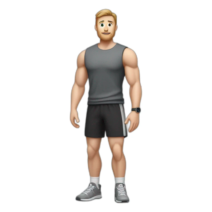 Full height Actively gesturing with hands Pale skinned Fit Man With the biceps and brown hair in dark gray Sleeveless Mike, black oversize sports shorts, watch and white Sneakers sticker