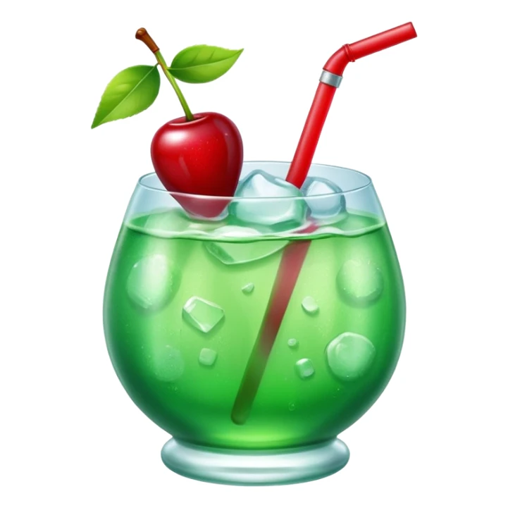 Create an emoji with a very clear rounded glass and ice, bright transparent green soda , a smooth vanilla scoop circle shape, a glossy red cherry, using vibrant colors, soft shading, and clear glass highlights.
 sticker
