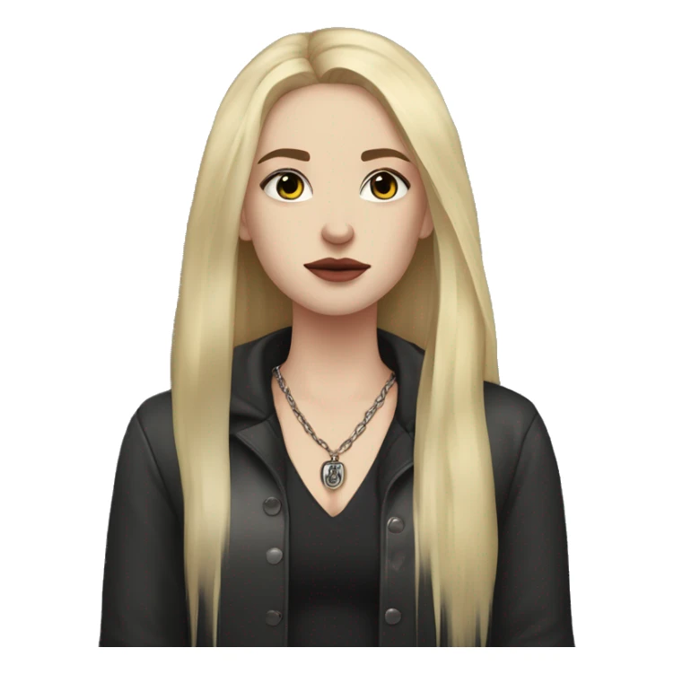 Pale-skinned person with long wet blonde hair, black streaked eye makeup, sharp features, and a melancholic, mysterious look. Dark clothing, deep neckline, and a pendant necklace. sticker