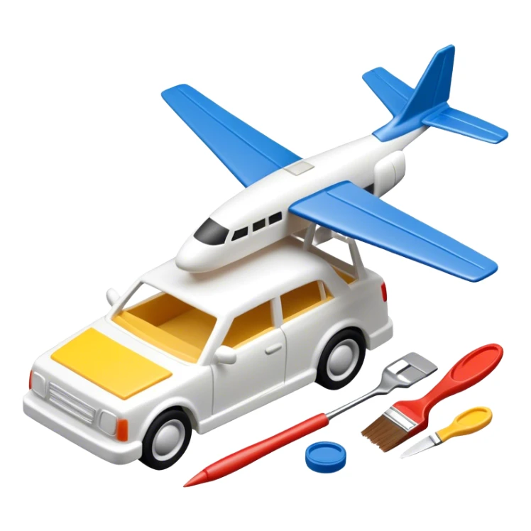 model-building tools like glue, paint, small paintbrushes, and pieces of a plastic model car or airplane in the process of being assembled. The design includes detailed textures of the model pieces and tools, capturing the focus and creativity of model building. Transparent background. sticker