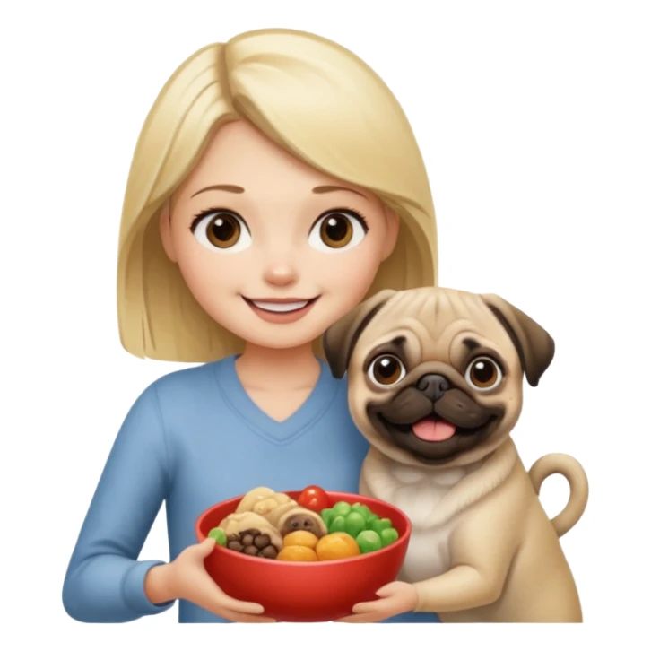 haz una chica rubia dandole comida a su perro pug sticker