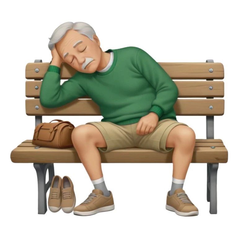 Old Man sleeping sideways on bench in green sweater, light brown shorts, and grey shoes sticker