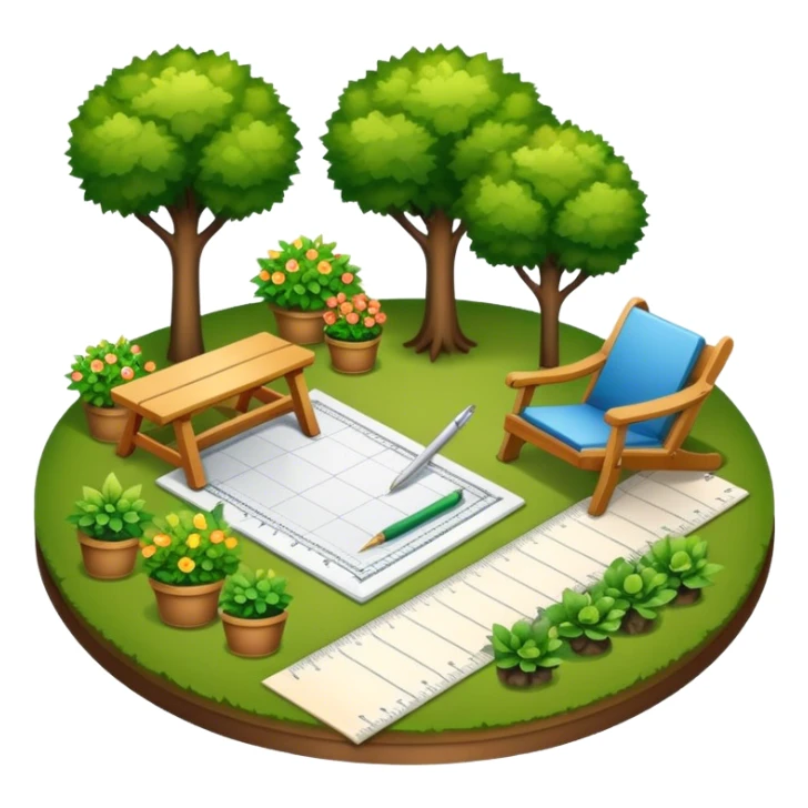 Icon for Landscape Design: a garden layout with trees, plants, pathways, and outdoor furniture, along with design tools like a ruler and sketchpad. The icon should represent the creativity and planning behind landscape design. Transparent background. sticker