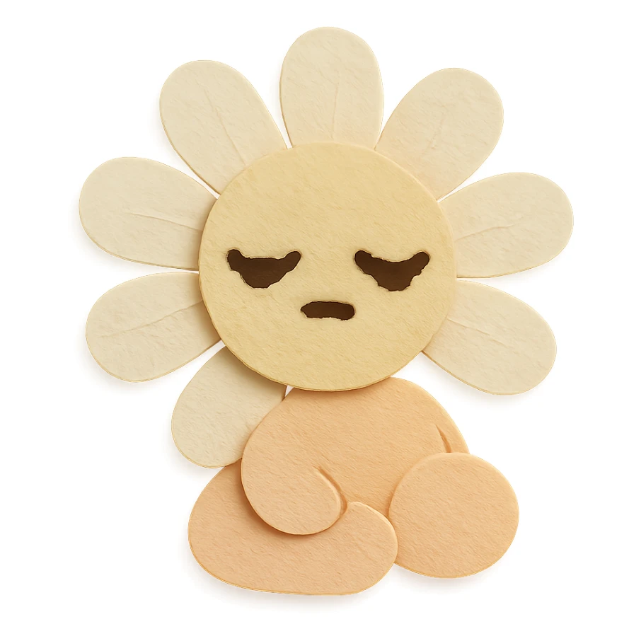 creamy white daisy flower with sleepy half-lidded eyes, sitting down with a blank stare, extremely soft round pastel character, paper-craft style sticker
