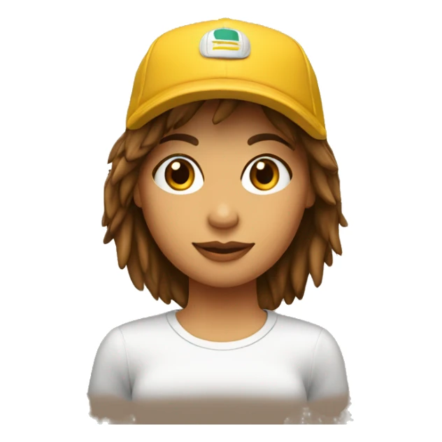 Chica con pelo castaño y flequillo con gorra sticker