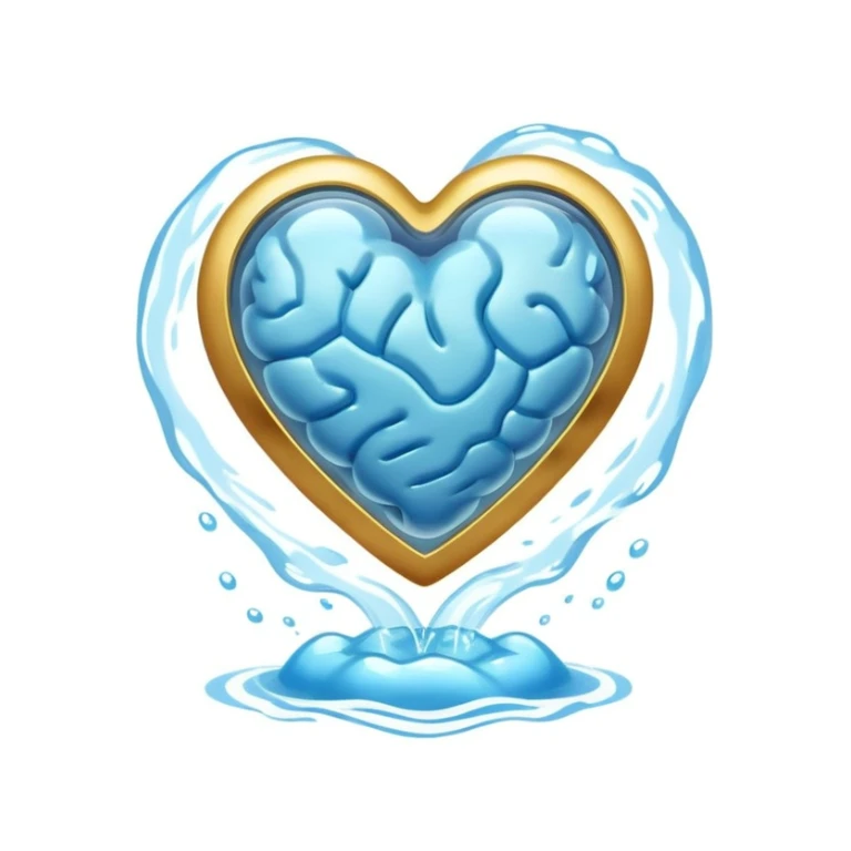 Golden floating capsule wrapped in soft blue liquid waves, slowly spinning around a translucent heart and a shining brain, with flashes of calmness that expand like waves in water sticker