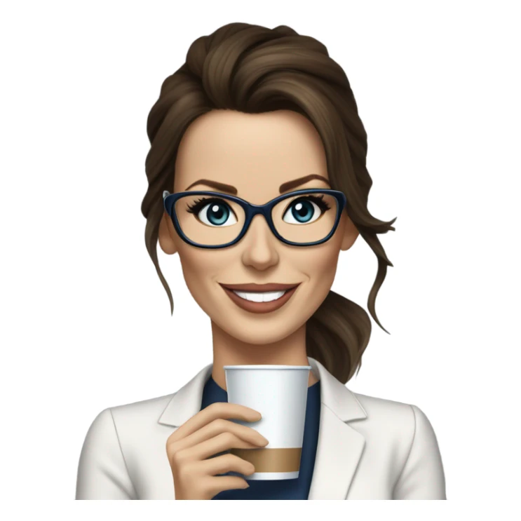 Hyper Realistic Kate Beckinsale dark blue eyes wearing glasses in a business dress drinking coffee happy  sticker