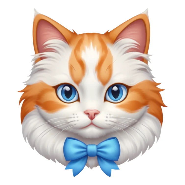 White and orange cat with blue eyes and a bow sticker