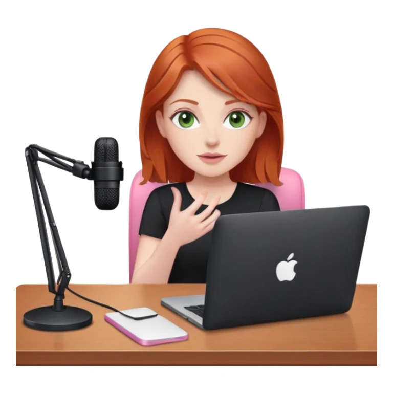 Redhead with green eyes sat at desk with pink MacBook and  podcast microphone black top and pink chair  sticker