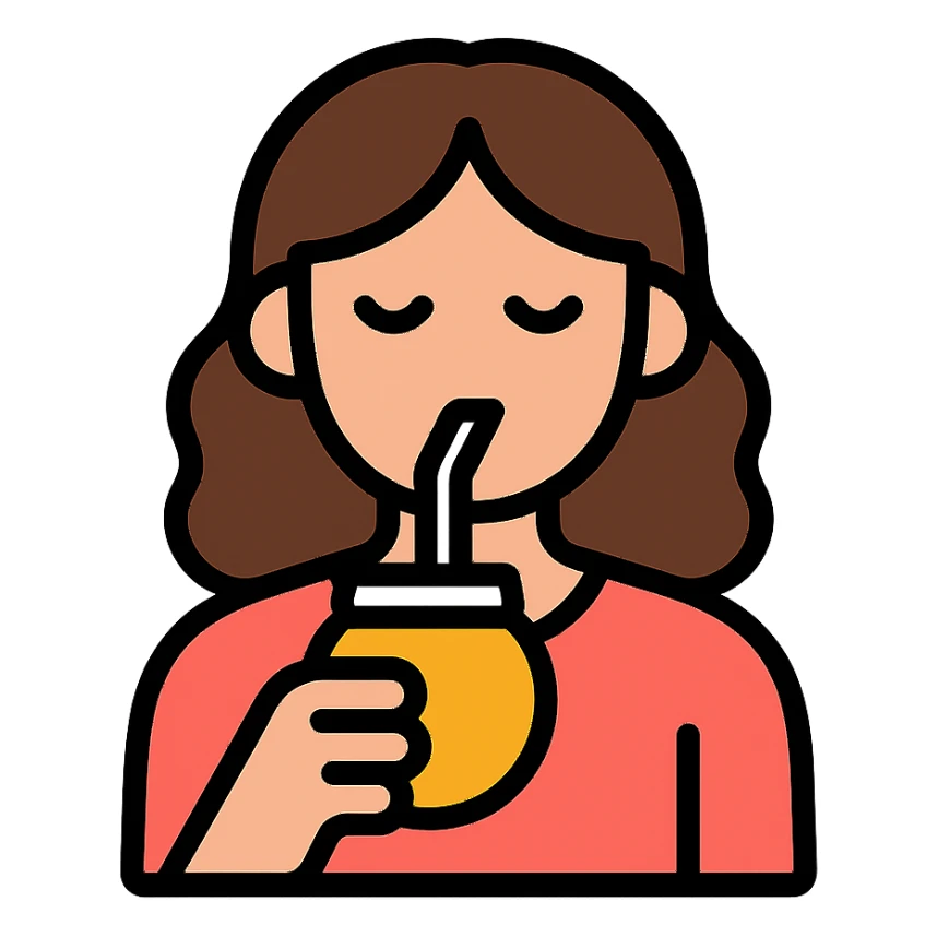 brunette woman drinking mate from a gourd with a bombilla straw, minimal and expressive icon sticker