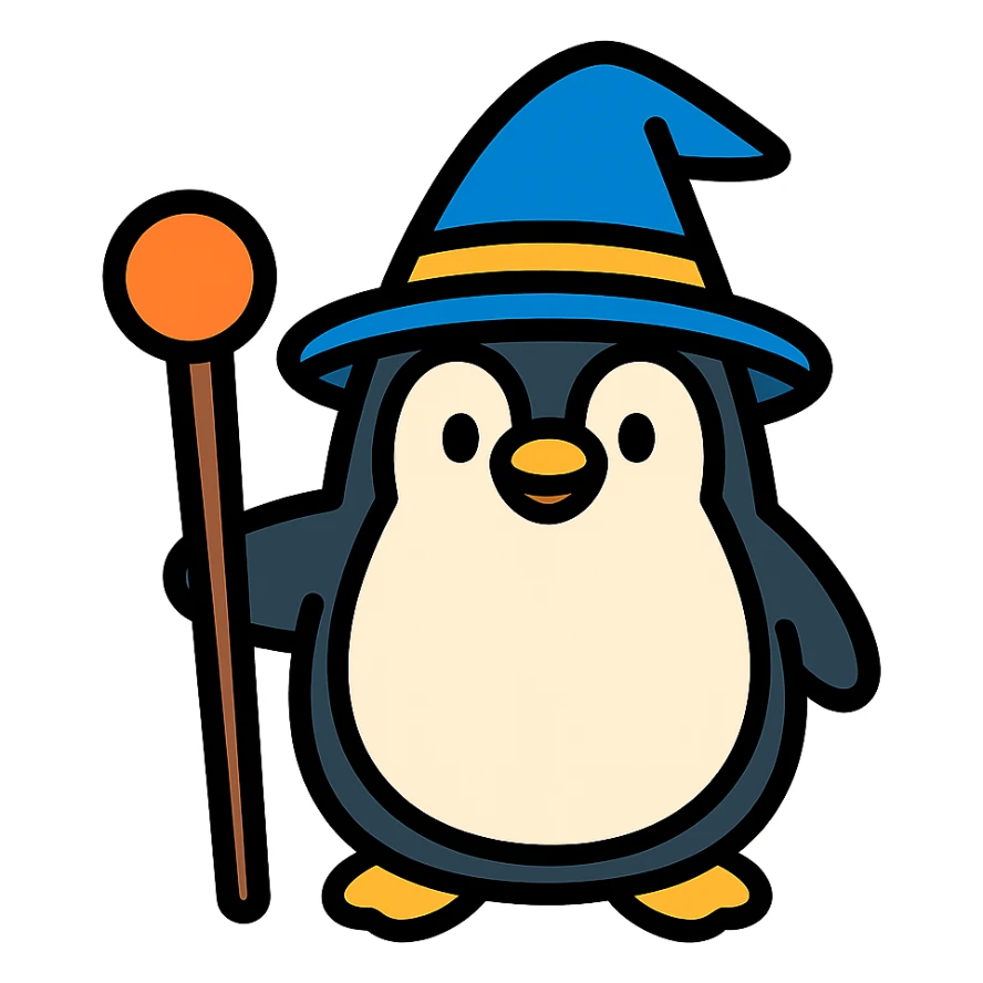 penguin wizard holding a staff, wearing a wizard hat, colored icon with black outlines sticker