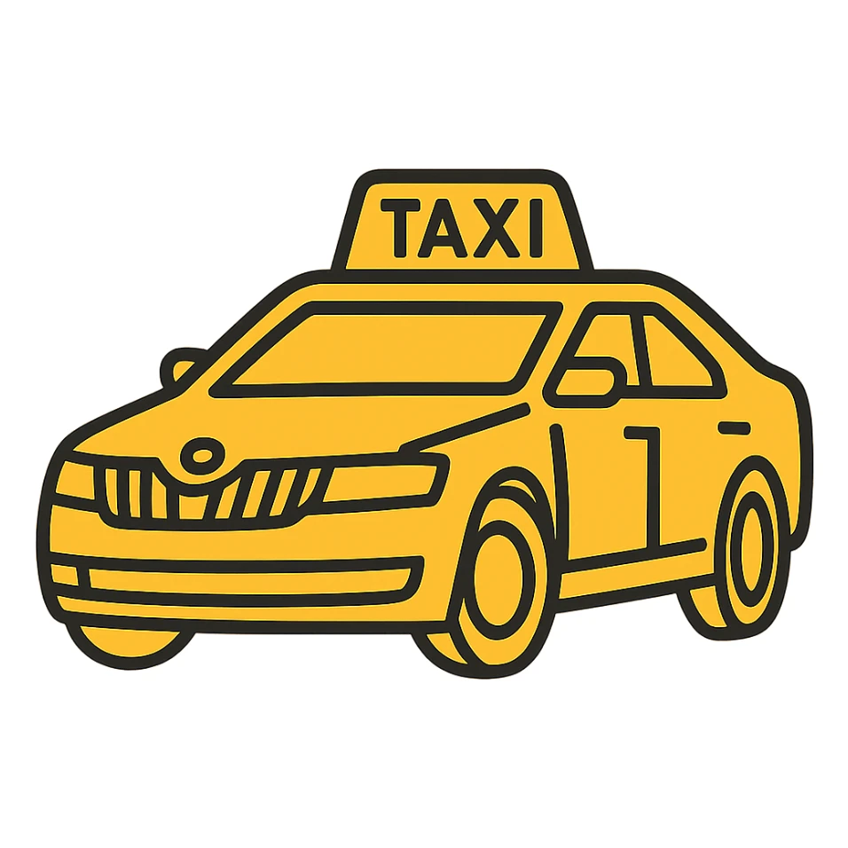 Change the taxi car to a vibrant and clear yellow color while keeping the visible 'TAXI' sign on top. Preserve the current lineal color icon style with black outlines. sticker