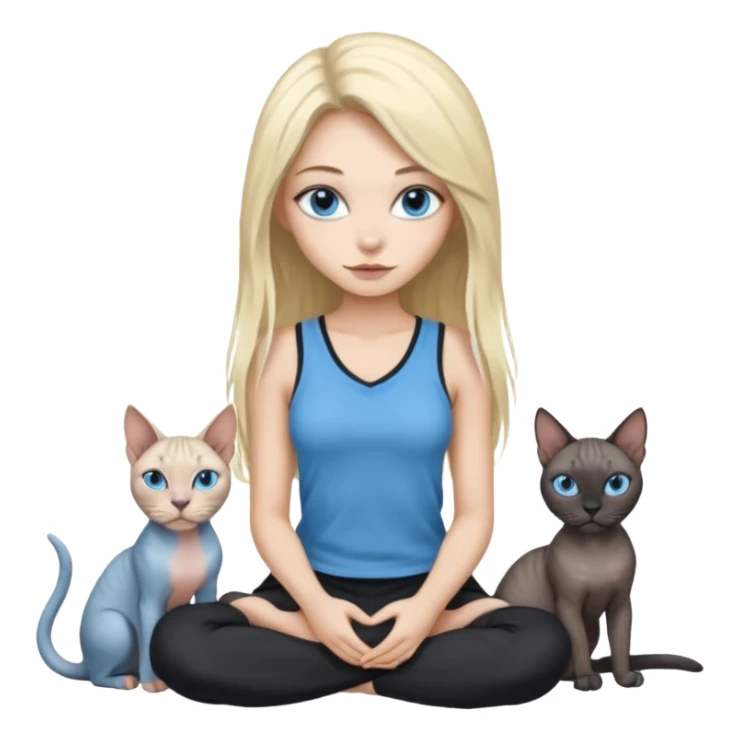 girl with long split-dye hair half blonde half black and blue eyes sitting with two grey sphynx cats emoji style sticker