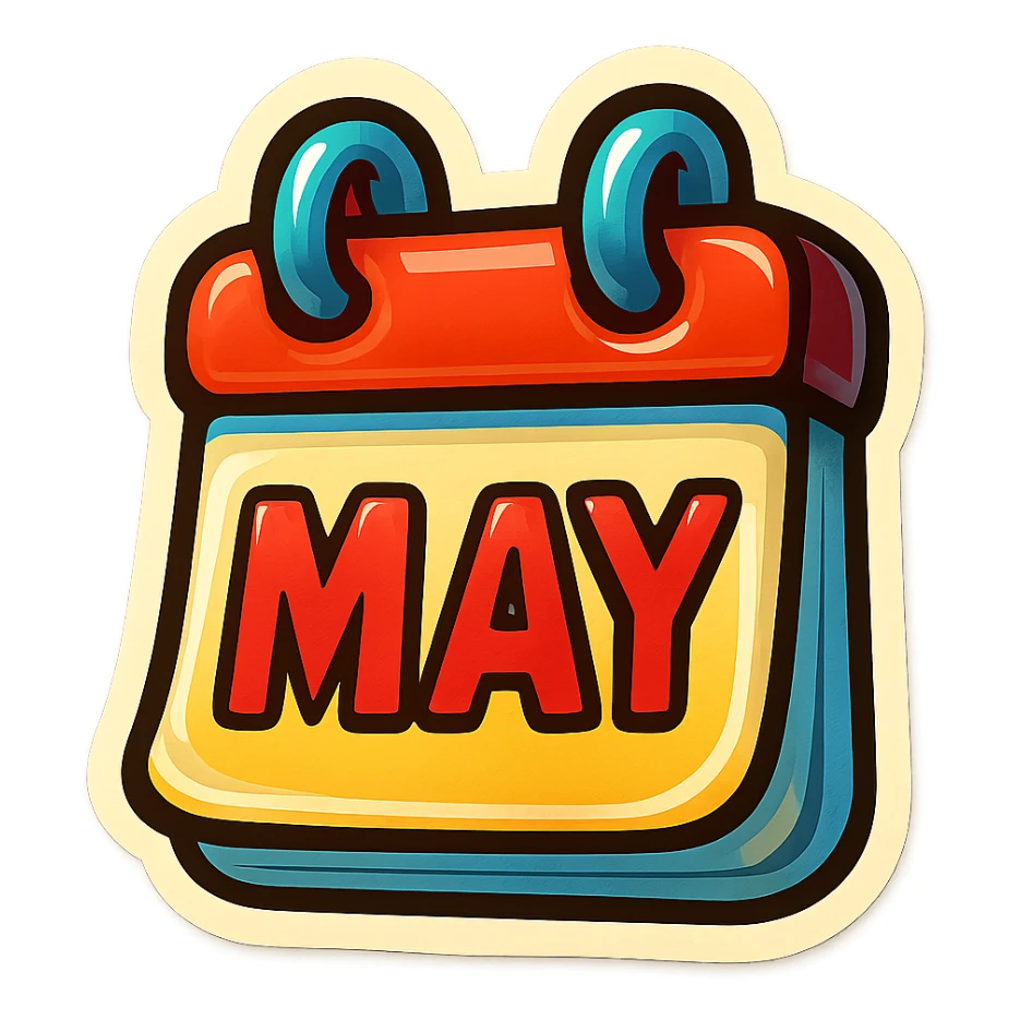 retro sticker style illustration of a small calendar page with a bold date or month, bold outlines, juicy colors, expressive shadows and highlights, playful and glossy look, fun and inviting sticker