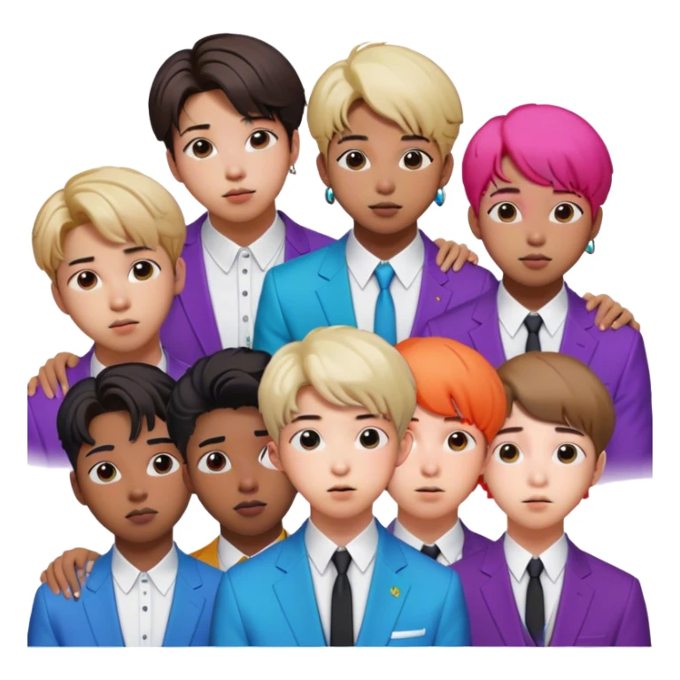 Cinematic Realistic group portrait of BTS featuring all 7 members in stylish modern attire, with detailed facial expressions and vibrant colors, captured in dynamic, contemporary lighting that emphasizes their global pop icon status sticker