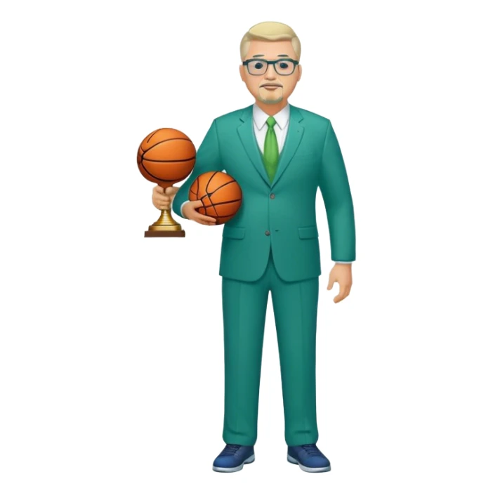 Full Body white middle aged male plus size wearing glasses with a goatee with light blonde and gray very short hair basketball head Coach in blue and green suit holding trophy sticker