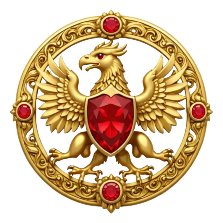 Golden griffin crest / brosch in a circle with red gems and no background sticker