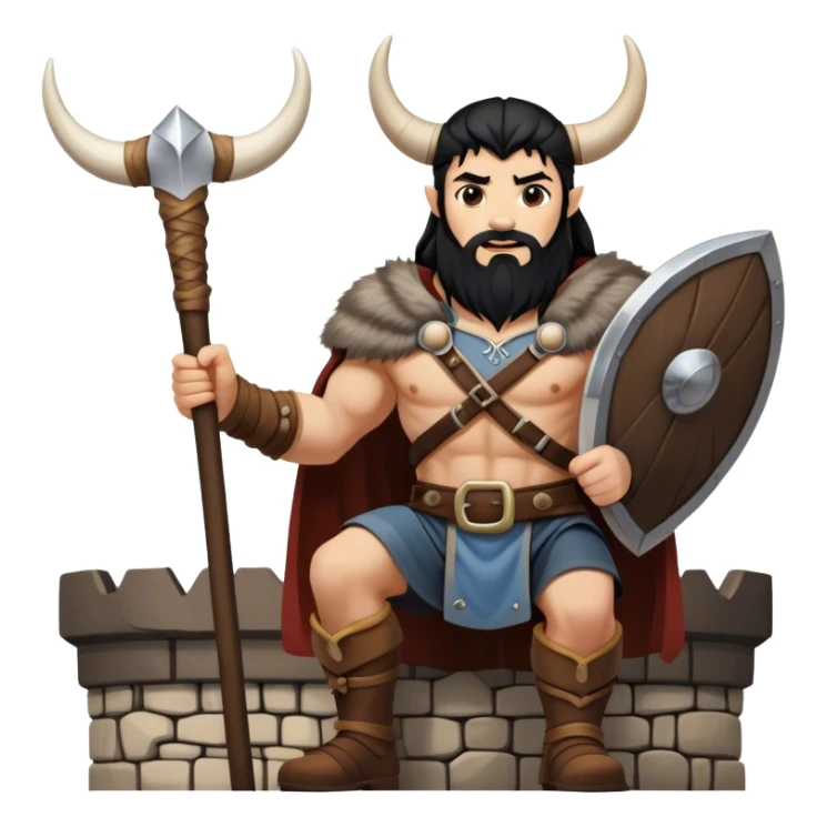 vikingo, con cuerno de vaca, pelo negro, parado en torre de Asgard. sticker