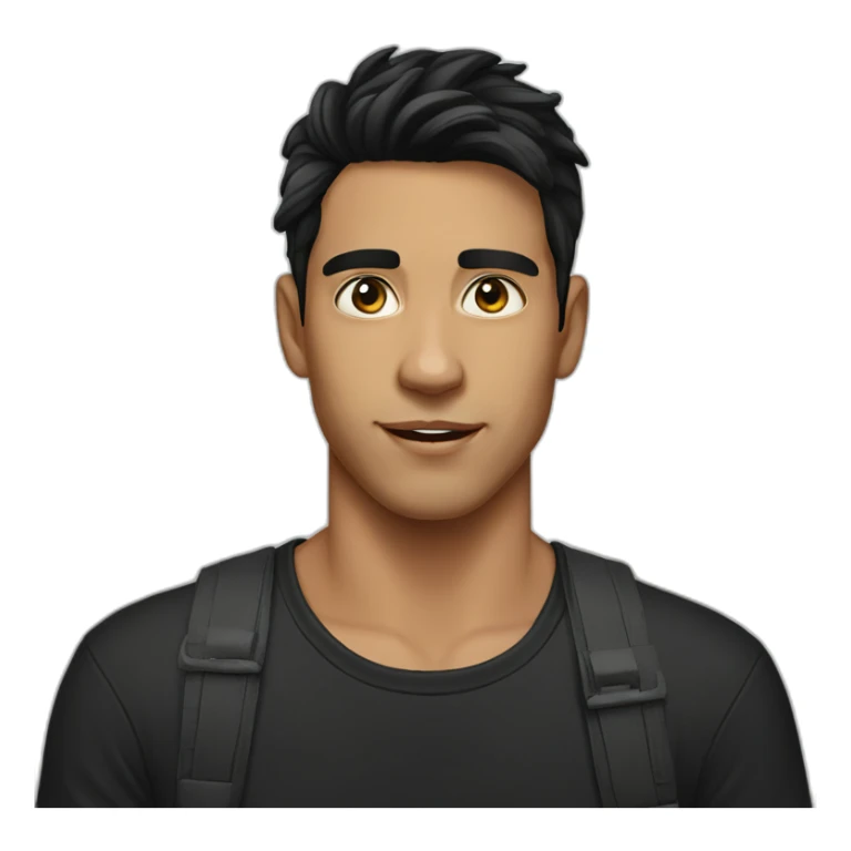 young Australian man, black hair, shaved, black tshirt sticker