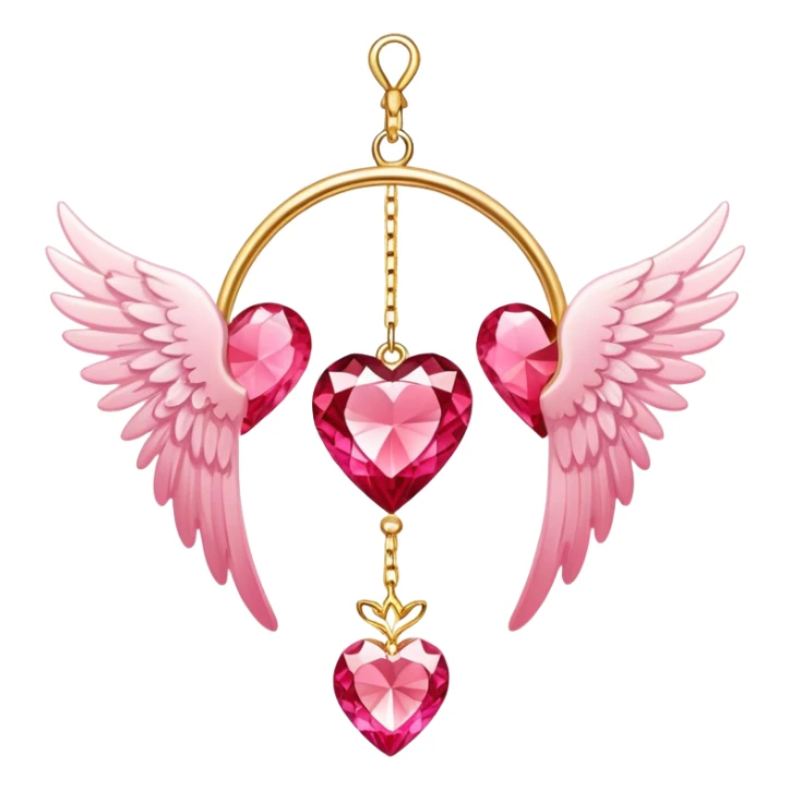 Reddish-pinkish and golden warm-colored romantic lush beautiful pretty hanging crystal-catcher aesthetic with hearts and sparkles and and white angel wings hanging from a gold chain sticker