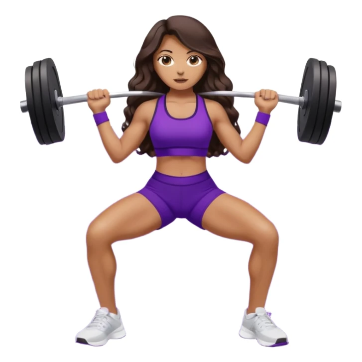 mujer de tez trigueña, con cabello castaño oscuro ondulado no muy marcado, con el cabello hasta las nalgas super largo estilizado, con ropa deportiva morada/lila, tenis blancos deportivos y levantando una pesa sticker