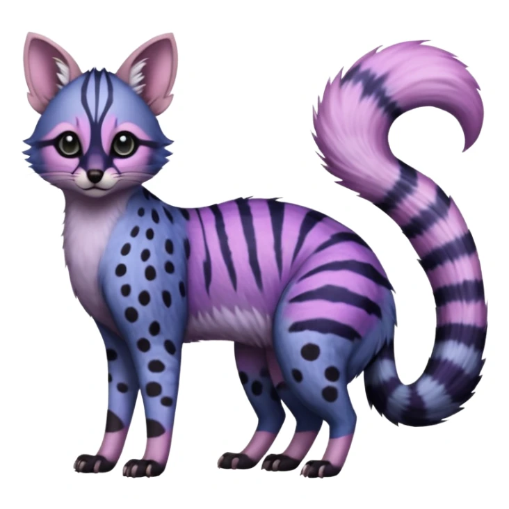 Beautiful fluffy dark gloomy edgy cool pastel elegant spotted dotted thick puffy hyper-realistic lifelike furry Indigo, purple, violet, pink, Civet-Genet-Possum-Serval-Caracal-Sergal-Trico-Numbat-Furret-fusion-Fakemon-hybrid-creature (full body) with long tufted ears and a striped tufted tail  sticker