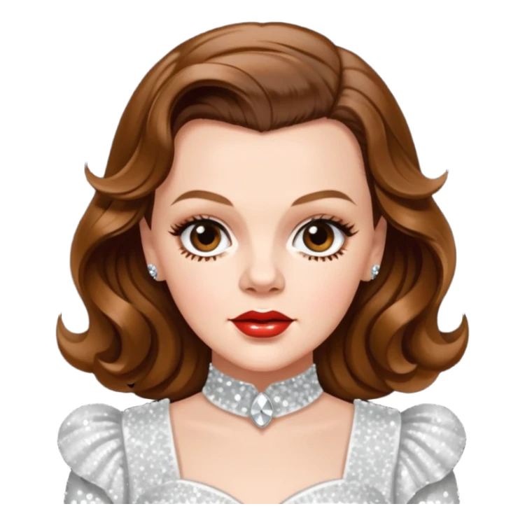 Judy Garland with long brown hair, white sequin outfit sticker