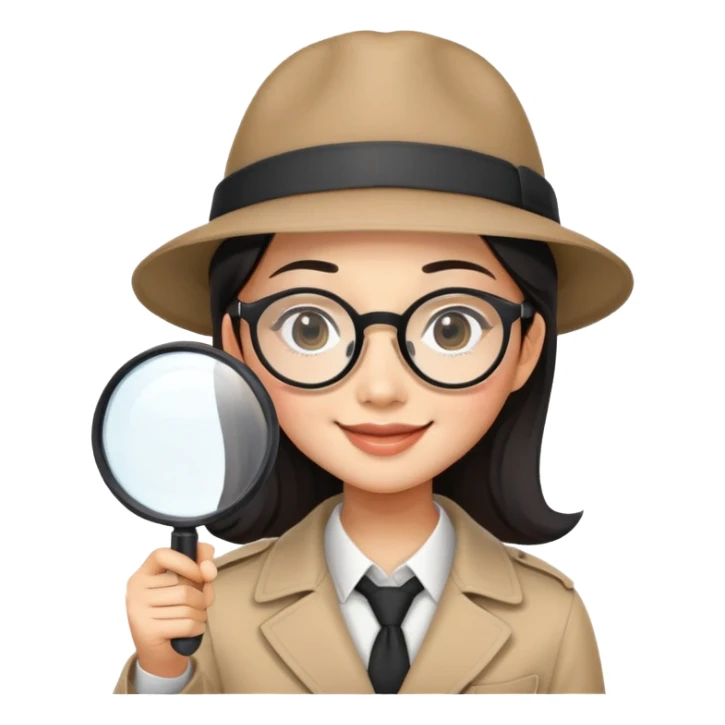 asian girl with large square rectangular black glasses smiling and wearing a detective hat holding a magnifying glass sticker