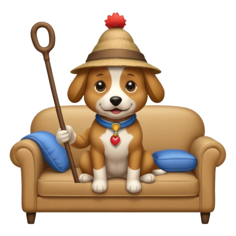 A dog that has a stick hat and a sofa shirt sticker