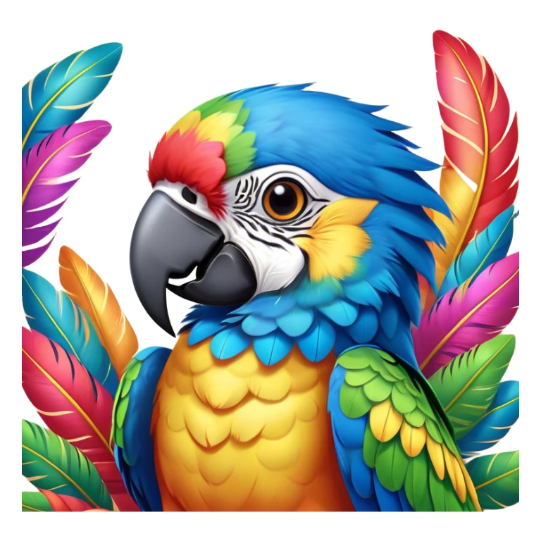 Cinematic Cute Macaw Portrait Emoji, Head tilted playfully and inquisitively, with a dazzling array of colorful plumage and round, sparkling eyes filled with charm, Simplified yet irresistibly adorable features, highly detailed, glowing with a warm, friendly tropical glow, high shine, affectionate and lively, stylized with a touch of whimsical vibrancy, bright and endearing, soft glowing outline, capturing the essence of a mischievous yet loving parrot that seems as if it could flutter out of the screen into your arms! sticker