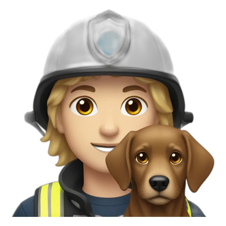 White firefighter with blue eyes and brown hair holding one black retriever sticker