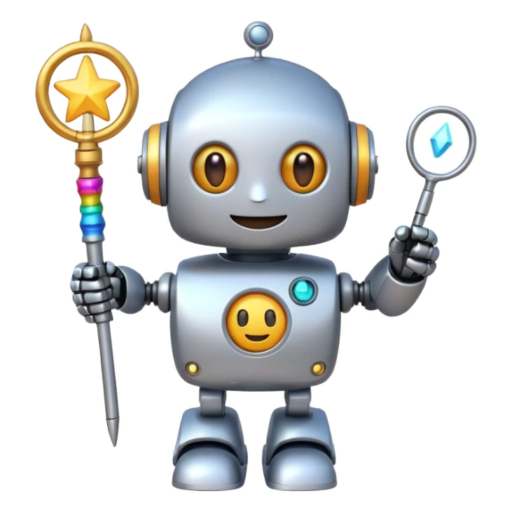 A cute robot is holding a magic wand, magic, emoji sticker
