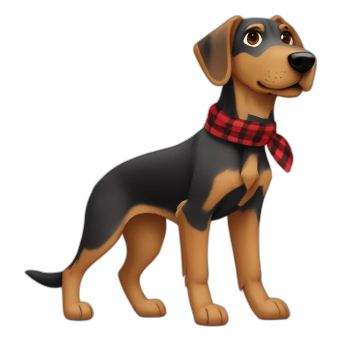 adult 75% Coonhound 25% German Shepherd mix dog with visible tail wearing small pointed red buffalo plaid bandana full body walking left quickly sticker