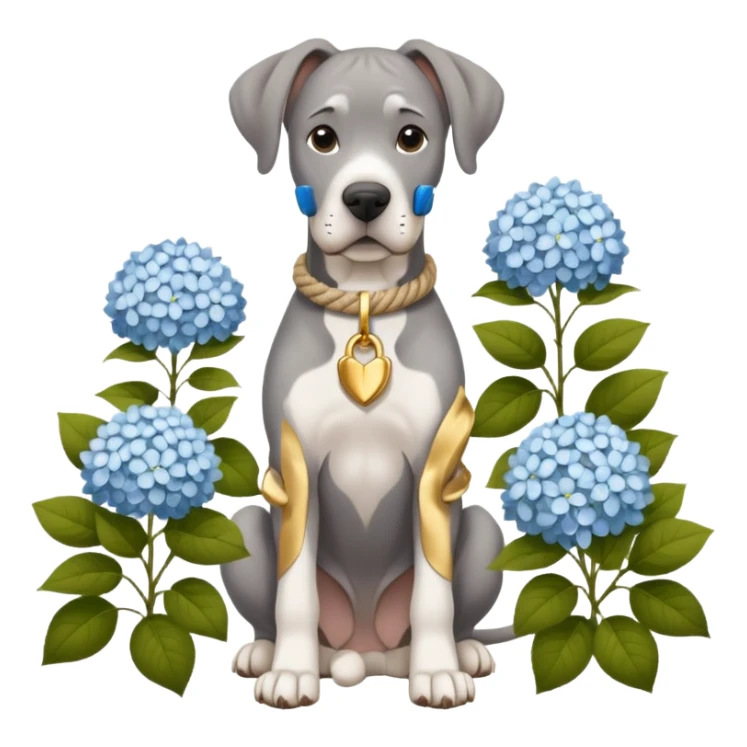 Gray Great Dane with natural ears white rope collar and rope Leash with gold accents sotting near a white hydrangea bush  sticker