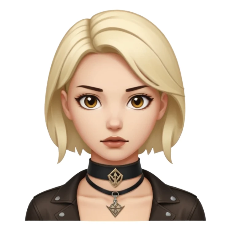 Leather choker with sigil around woman’s neck, pulse visible, dominance tone sticker