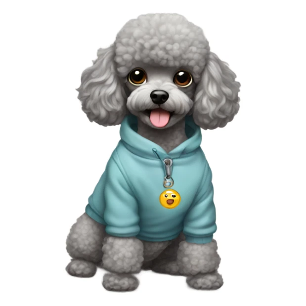 Gray toy poodle with a sweatshirt and the name Louie on his tag sticker