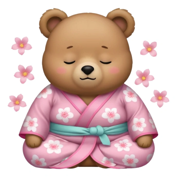A cute chubby light-brown bear wearing a pastel pink sakura-patterned kimono, body and round head, adorable simple face, sleepy half-closed eyes, small blush on cheeks, sitting while dozing off, tiny “zzz” floating above the head sticker