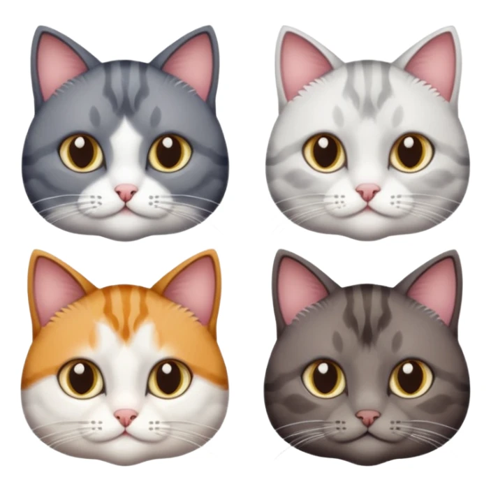 4 different coloured short haired cats including; a dark brown tabby and white cat, and a dark grey and white  sticker