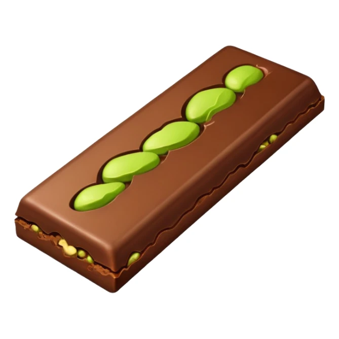a half-eaten chocolate bar. chocolate filling - pistachio paste green sticker