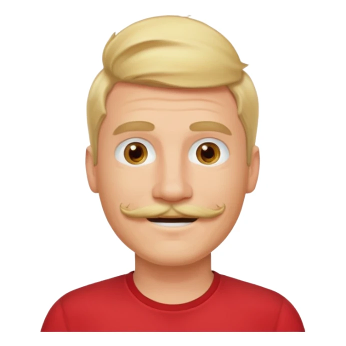 blond hair man smile warmly with mustache red shirt sticker
