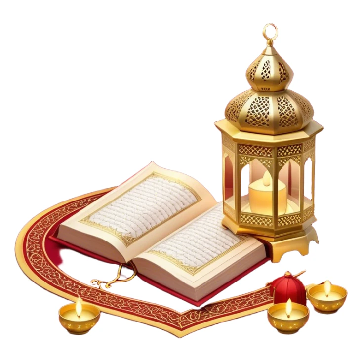 beautifully serene Ramadan-themed setup featuring an open Quran placed on a rich red prayer mat, accompanied by a glowing ornate lantern. String lights with hanging lanterns and stars illuminate the background, creating a peaceful and spiritual ambiance. sticker